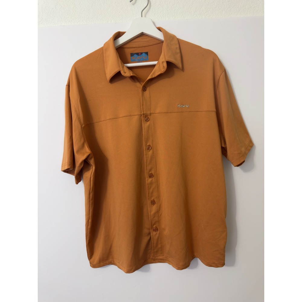 KAVU Button Down Shirt Men Size Medium Orange Short Sleeve Stretch